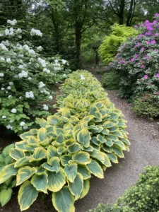 Stort bed med flerfarvede hosta langs sti